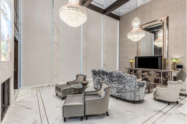 Living room with closed shades