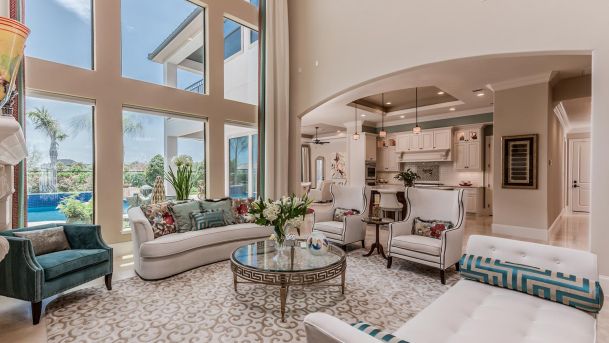 Living room in neutral colors with hints of blue