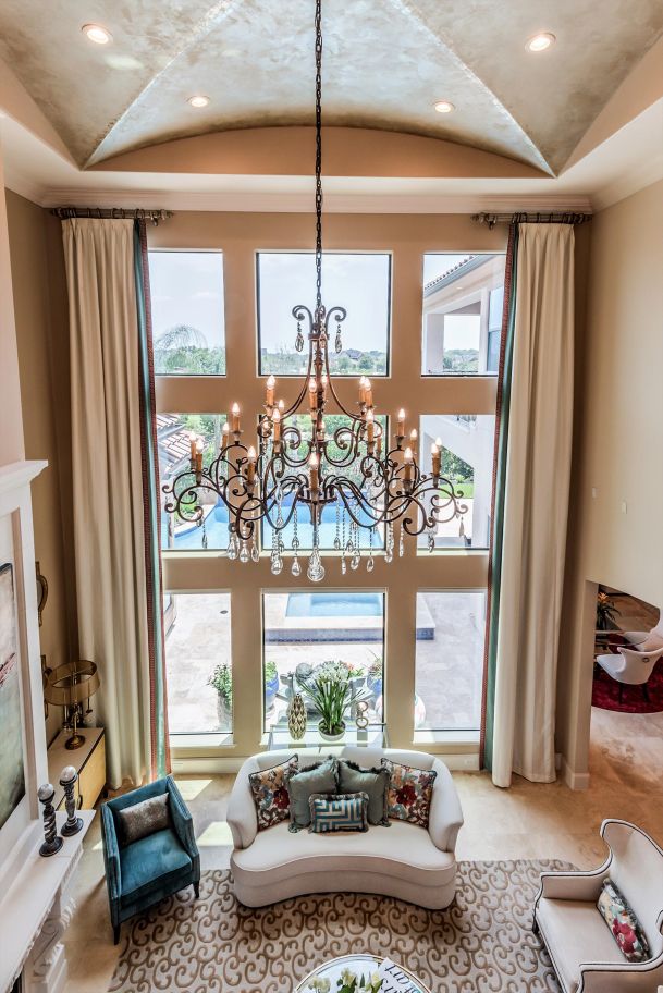 Living room from above with a chandelier