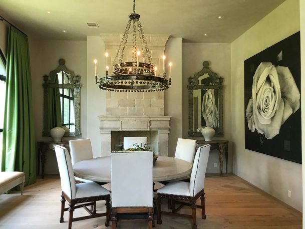 Dining Room with a big white rose art piece